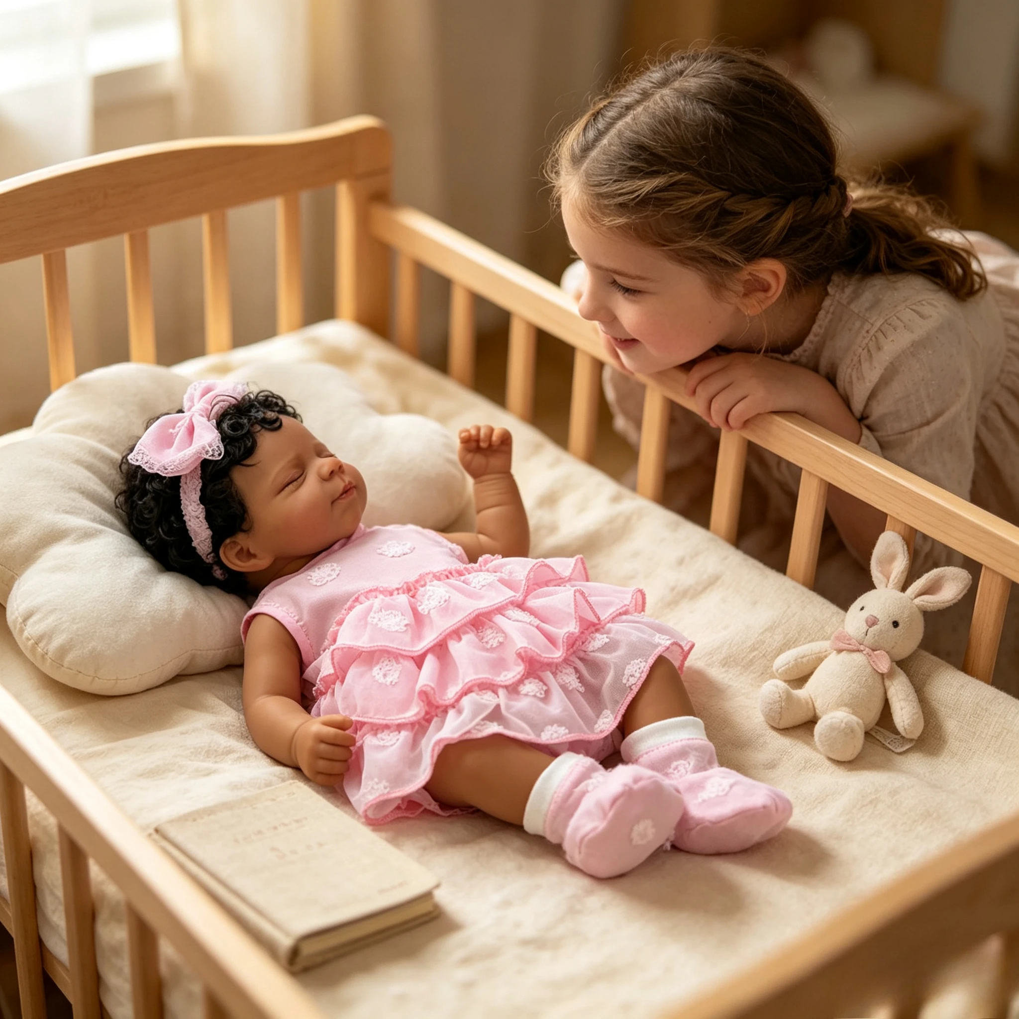 NPK 48CM  Reborn Pascale Handmade Dark Skin Sleeping Baby with Hand Rooted Curly Hair lifelike Baby Dolls Gift