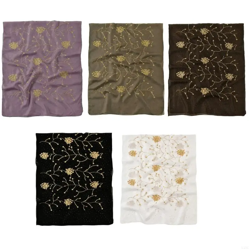 

L5YC Embroidery Flower Long Scarf For Women With Hot Drilling Design Multipurpose Head Cover Shawl Wrap for Daily and Formal