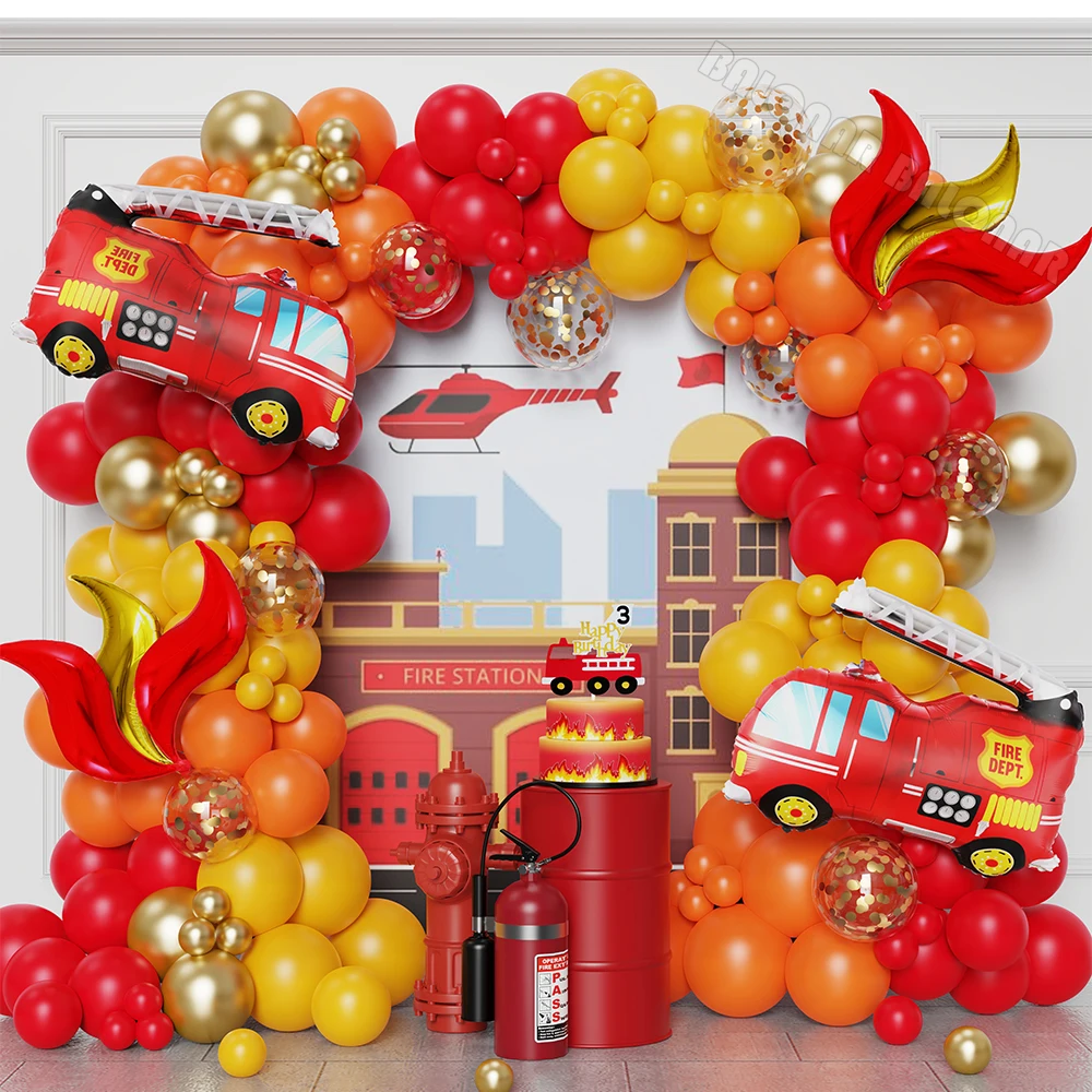 148pcs Fire Truck Balloon Garland Arch Kit Red Orange Yellow Fire Balloons for Boys Kids Firefighter Themed Birthday Party Decor