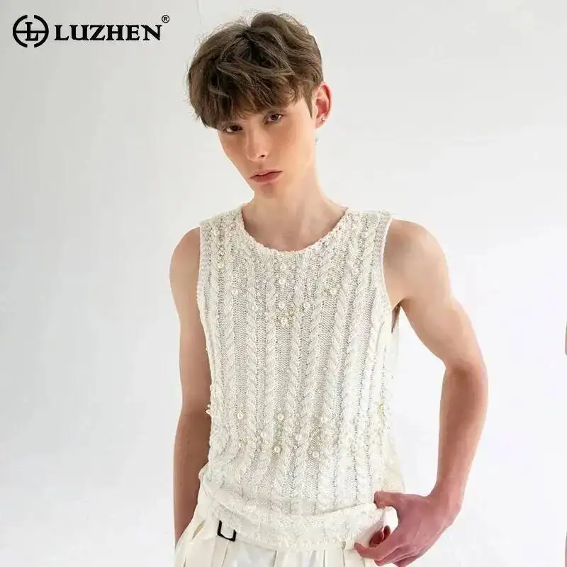 LUZHEN 2026 Summer Luxury Style Wave Pearl Decorate Sleeveless Knitted T-shirt Men Original High Quality Casual Tank Tops JY7572