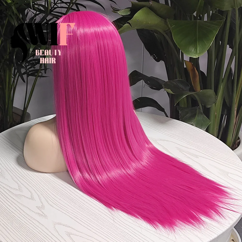 WIF Long Straight Brilliant Pink Color Synthetic Wig Silk Straight Rose Pink Hair Heat Friendly Fiber Makeup Cosplay Women Wigs