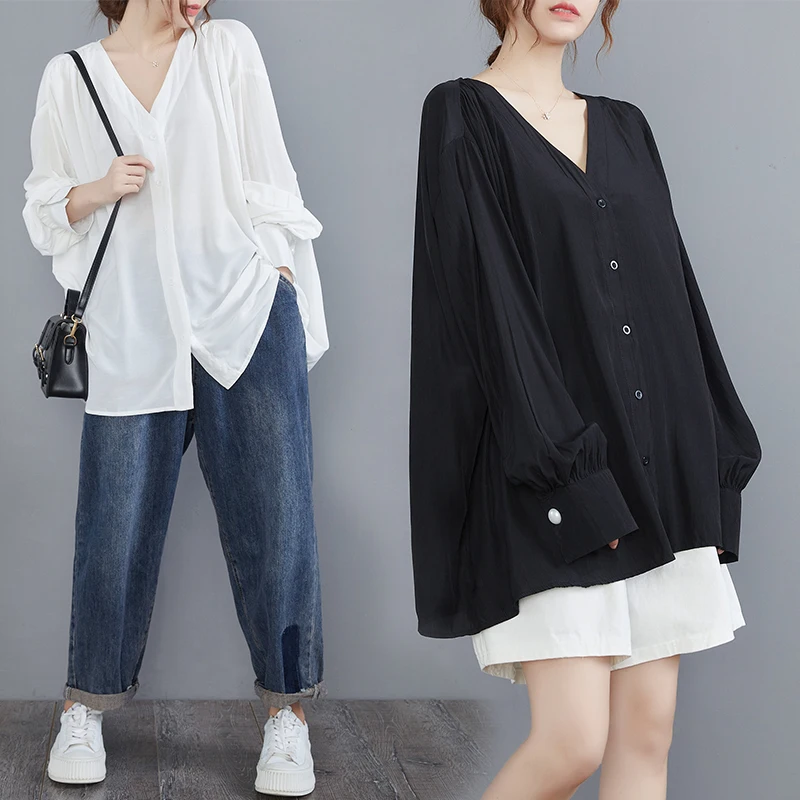 

Slimming V-Ne Long Sve Loose Fit Women's irt Cover Stoh Casual Faion plus Size Autumn Wear for Younger Looking
