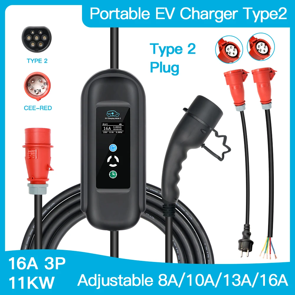 Cargador de coche eléctrico de 11KW, 10/16A, 16A, 3P, EV, IEC 62196, 2, tipo 2, EV, portátil, conmutable