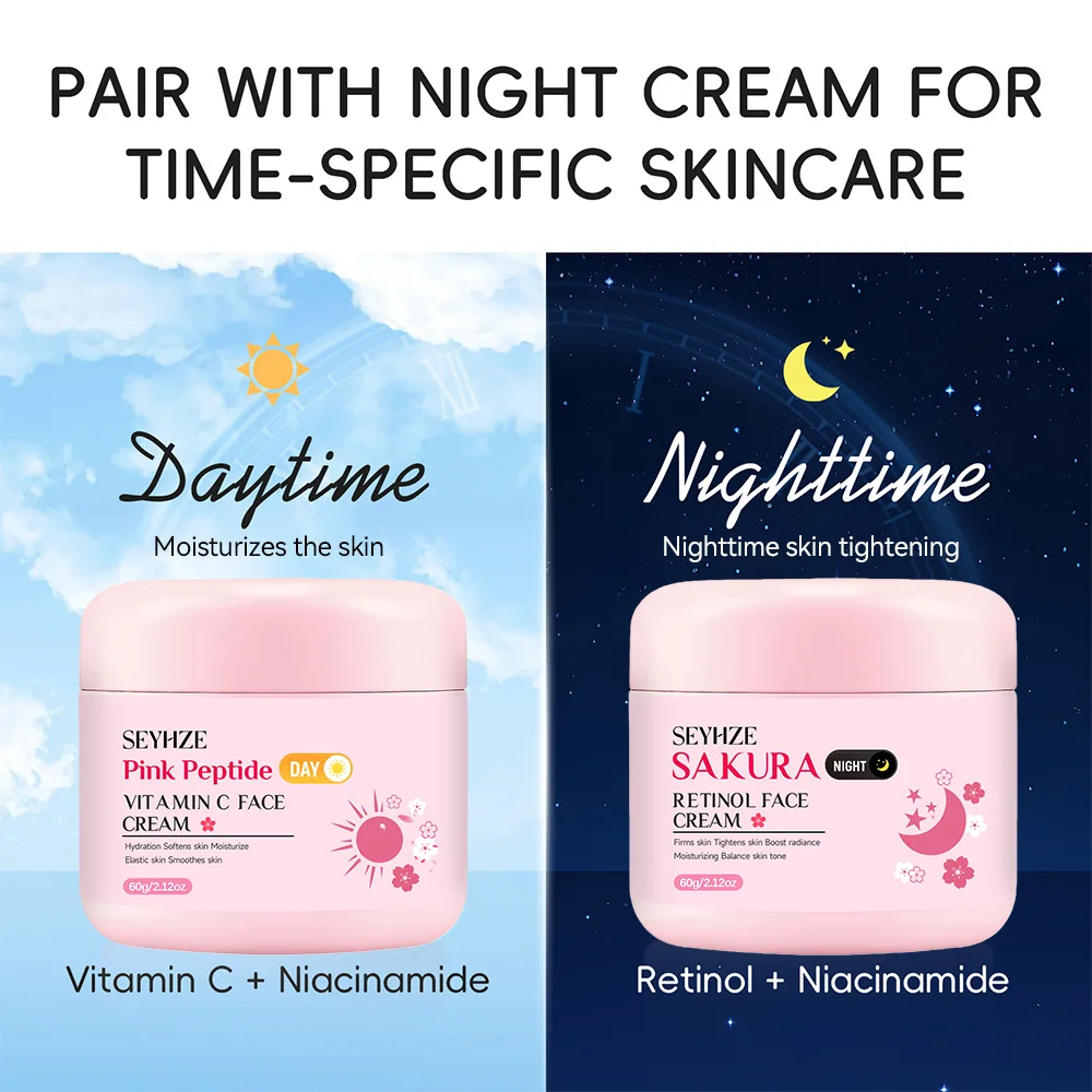 

Крем для лица SEYHZE Sakura Day And Night с ретинолом + витаминами C/E, гиалуроновой кислотой, для упругости кожи, 48-часовое увлажнение, осветление, выравнивание тона кожи.