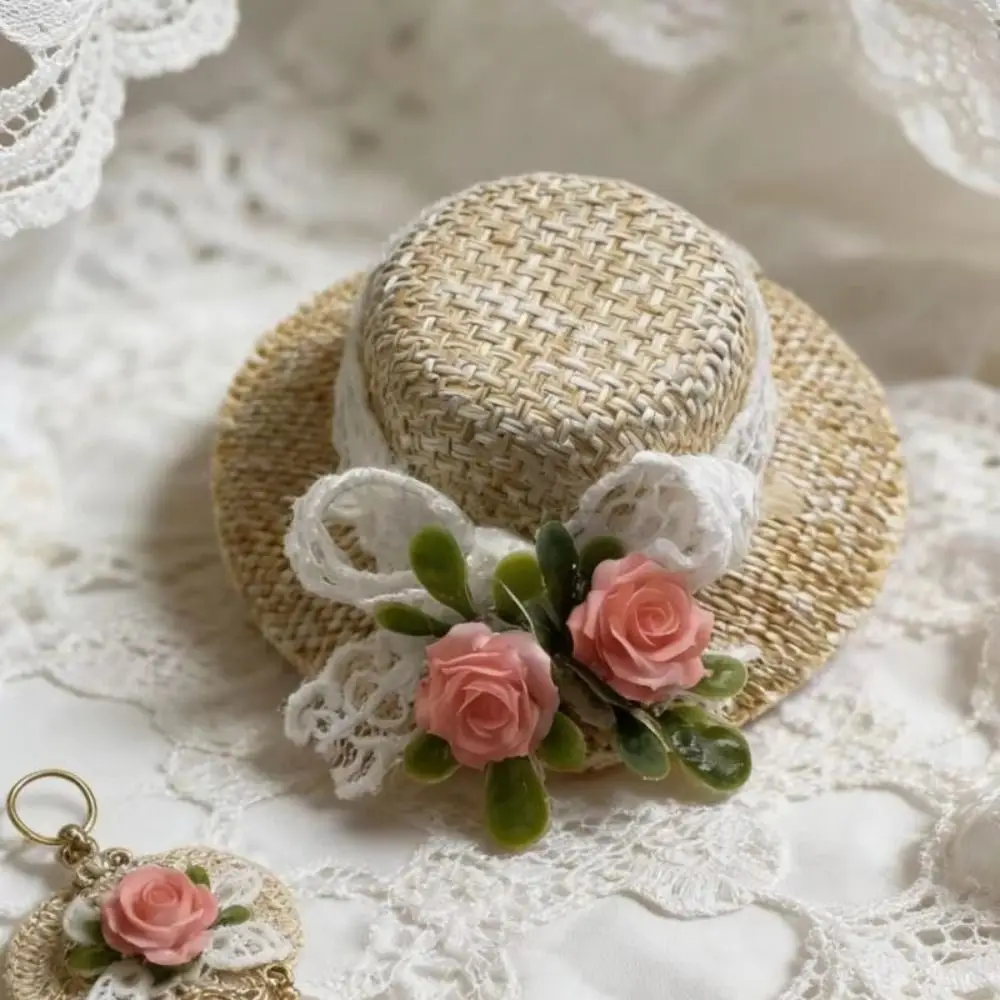 2PCS Straw Hand-Woven Mini Straw Hat Summer Style Miniature Size Dollhouse Hat Natural Color Delicate Dollhouse Prop