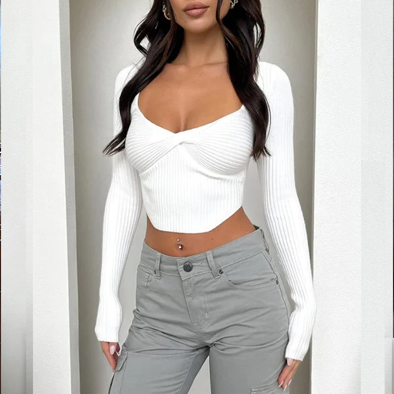 Autumn Sexy Women\'s T-shirt New Corset Solid V-Neck Long Sleeves Crop Top Fashion Asymmetrical Streetwear Casual Female T-shirts