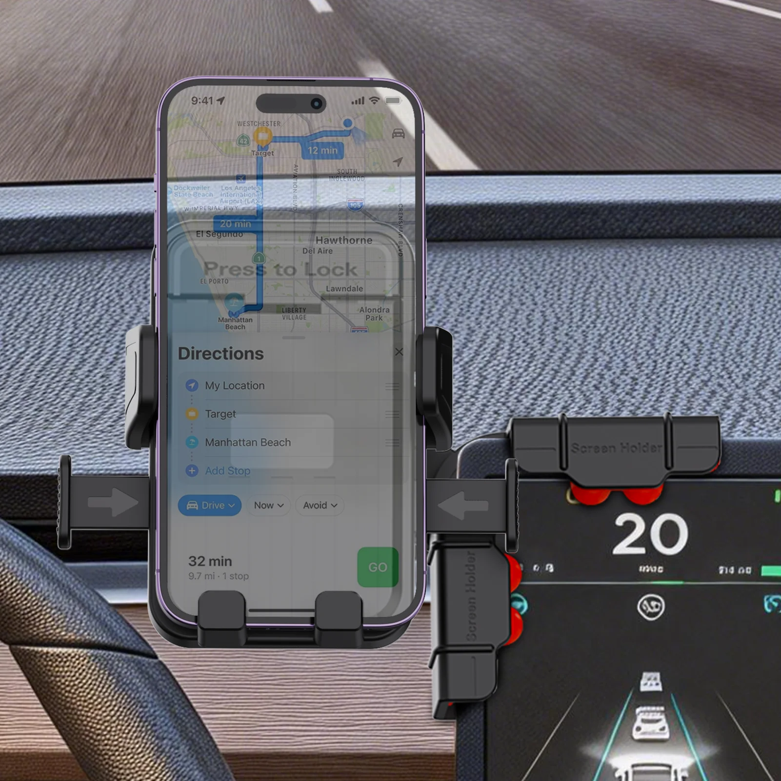 Support de téléphone pour voiture à verrouillage automatique, fixation latérale sur écran, support réglable multi-angles pour smartphone de 4 à 7 pouces