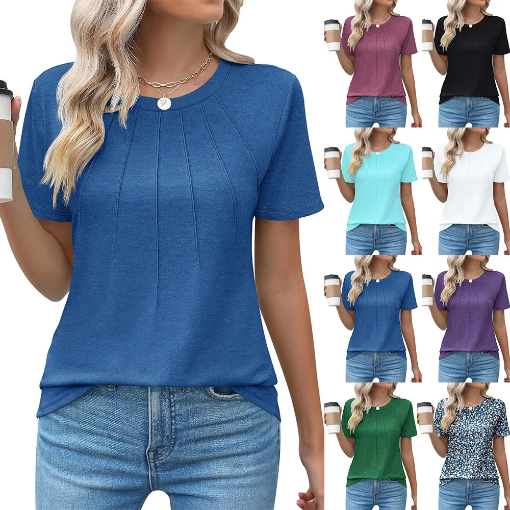 

New Popular European Style Crease Round Neck Short Sleeve T-Shirt Women's Top Cross-border Trade Women's Clothi