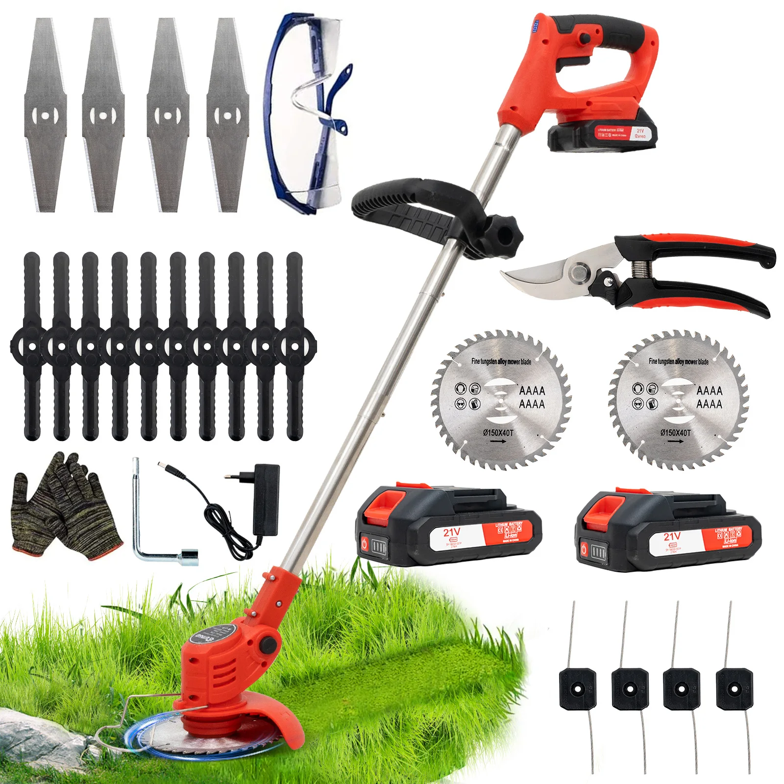 Akku Rasentrimmer mit Akku, Rasenkantenschneider mit 2 Akkus 21V und 4 Messertypen+1 Gartenschere,