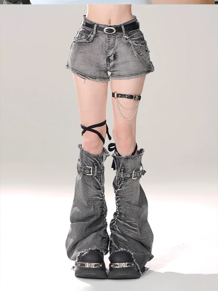 Women's Gray Gothic Denim Shorts Leg Covers Y2K Japanese Harajuku Cute Streetwear 2000S Style Fashion Jeans Shorts 2025 Clothing