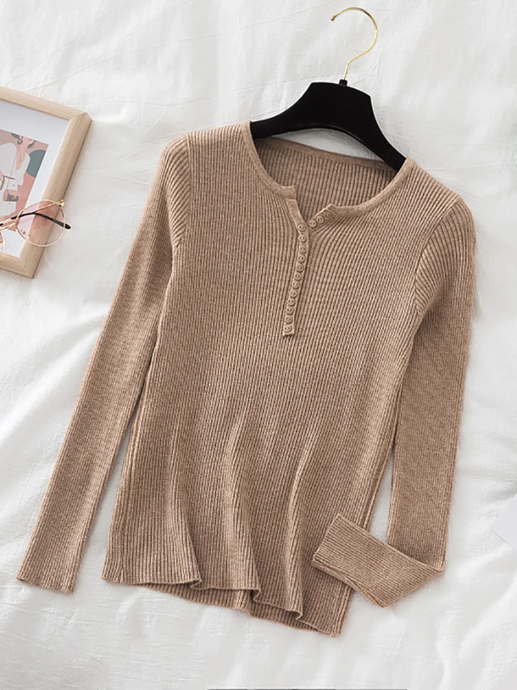 Basic Button V Neck Slim Sweater Pullover Women Autumn winter Casual long Sleeve Sweater For women Female Chic Jumpers top