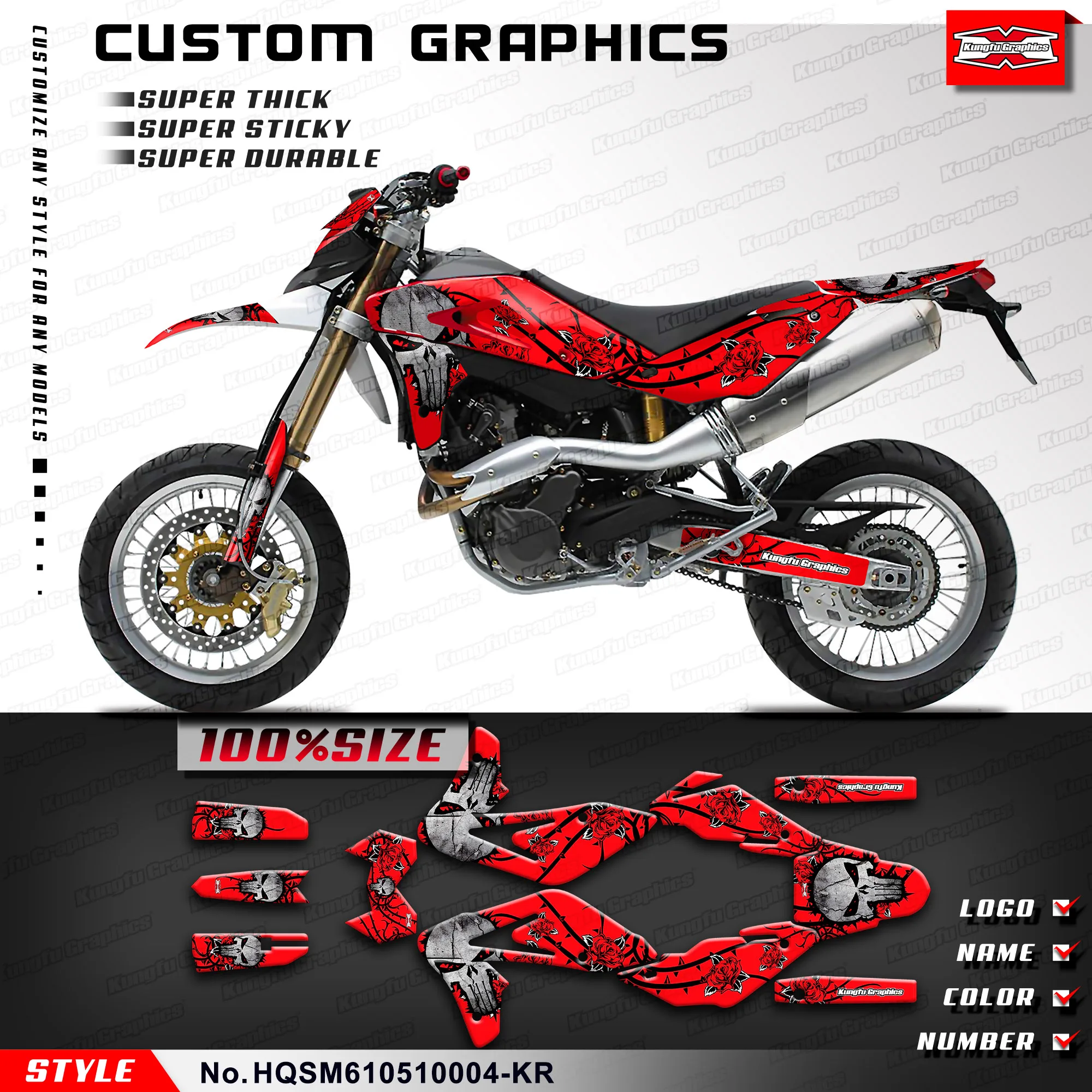 KUNGFU GRAPHICS Personalised Sticker Decals Kit for Husqvarna SM 610 2005 2006 2007 2008 2009 2010, HQSM610510004-KR