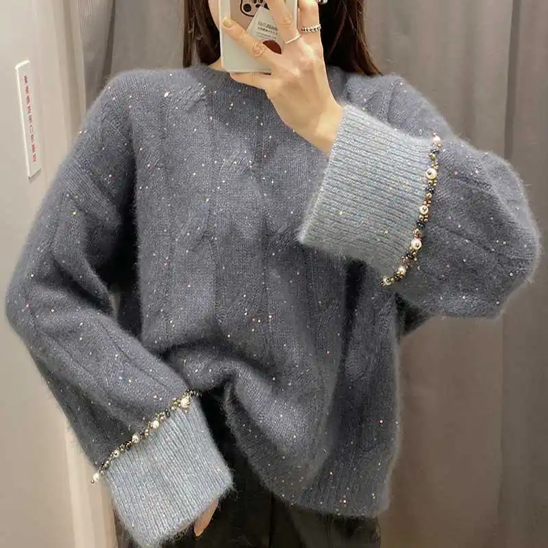 Chic Sequin Beading Sweater Women 2024 Autumn Winter New O-Neck Long Sleeves Warm Knitted Pullover Gentle Elegant Female Tops