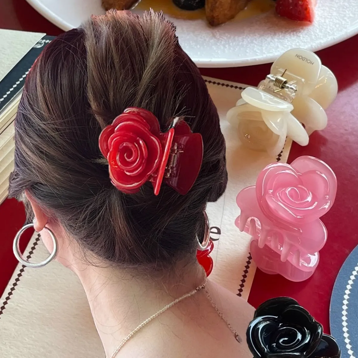 

Floral Hair Claw Red Hairclips Rose Acetate Hair Accessories for Girls and Women Headwear