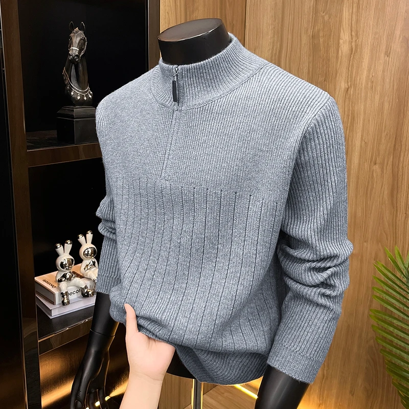 High Quality solid color knitted half high neck pullover men's new soft comfort warm fashion autumn winter half zipper sweater