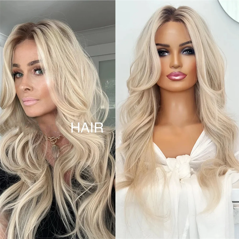 Realistic Creamy blonde loose wave Wig Mixed Brown roots Heat Resistant Lace Front Wig Synthetic Fibres No tangle Minimal Shine