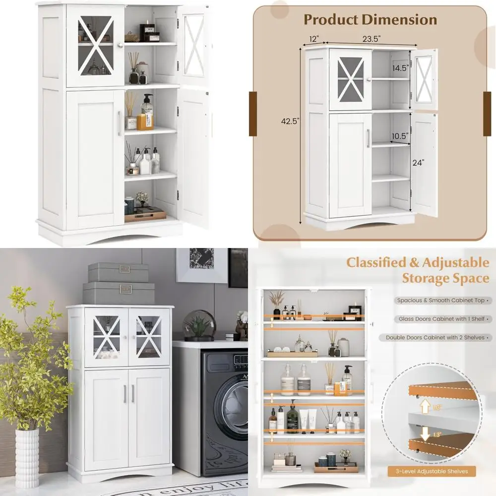 Mobiletto da cucina indipendente con porta in vetro con ripiani regolabili, anti-imbottitura, ideale per soluzioni di stoccaggio del bagno