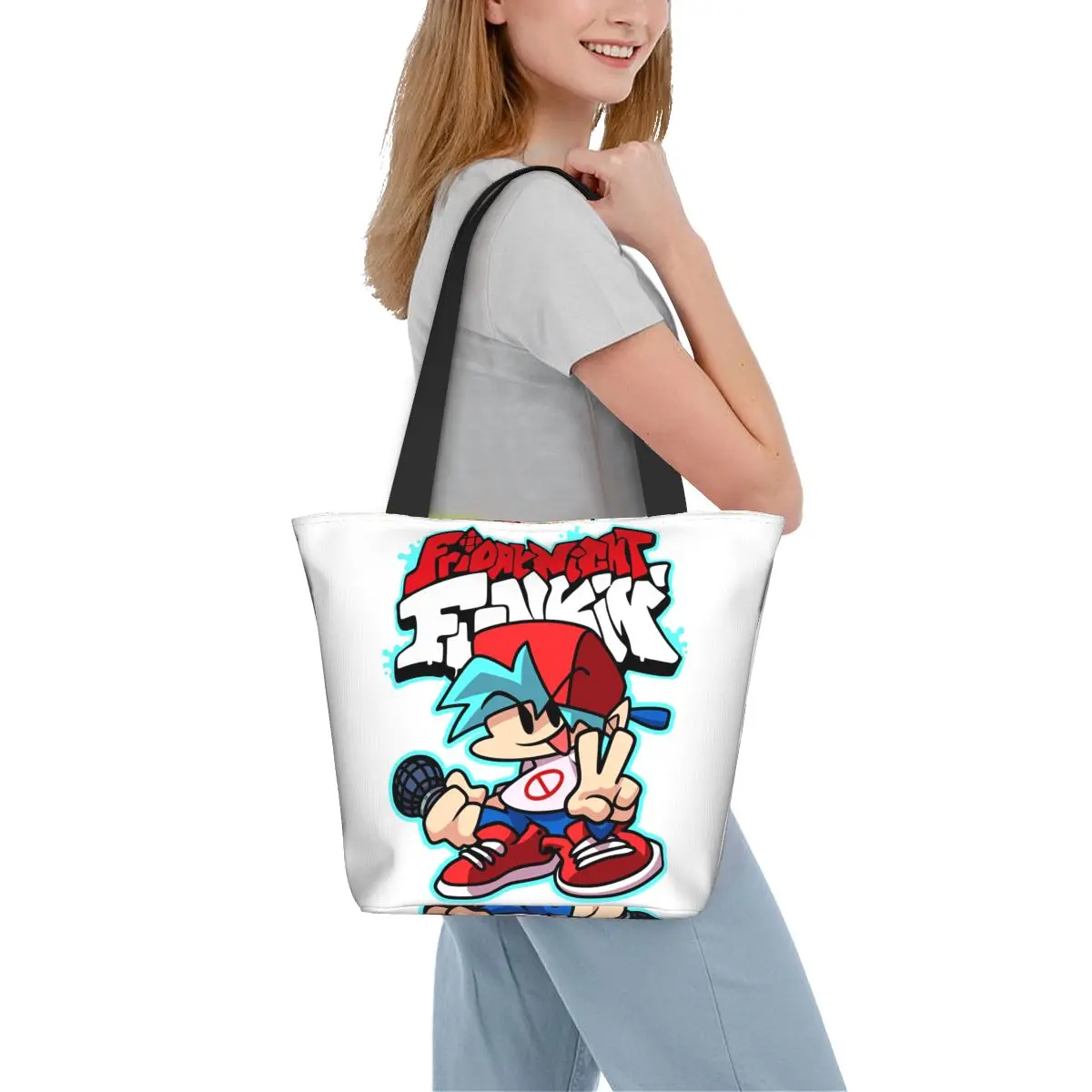 حقيبة تسوق Friday Night Funkin من القماش ذات سعة كبيرة وحقائب كتف للمتسوقين وحقيبة يد للبقالة للنساء