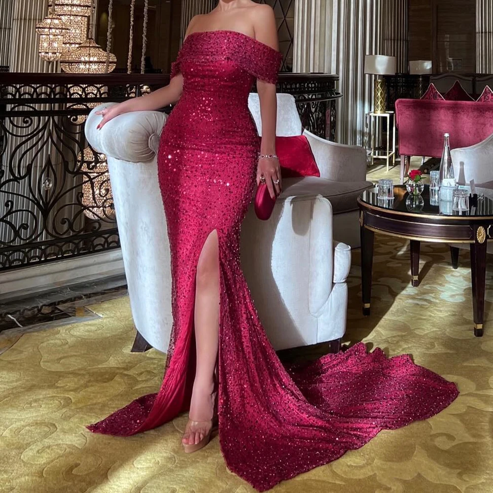 

Elegant Party Dresses Woman 2024 Boat Neck Off The Zipper Back Sequined Panel Train Solid Color Bespoke Occasion Gowns Straight