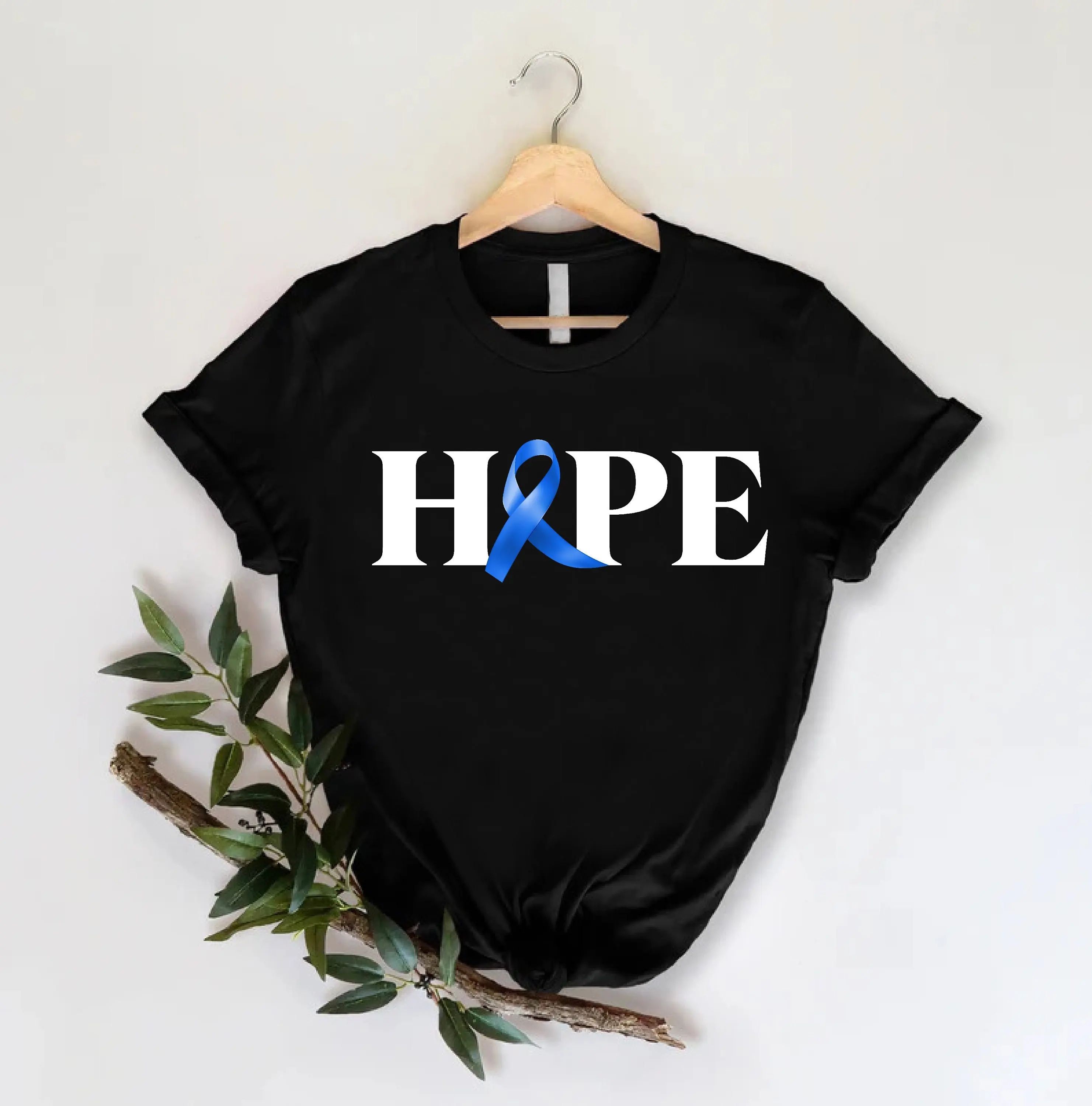 Hope T shirt for Colon Cancer Awareness Survivor SupporT Fighter Blue Ribbon