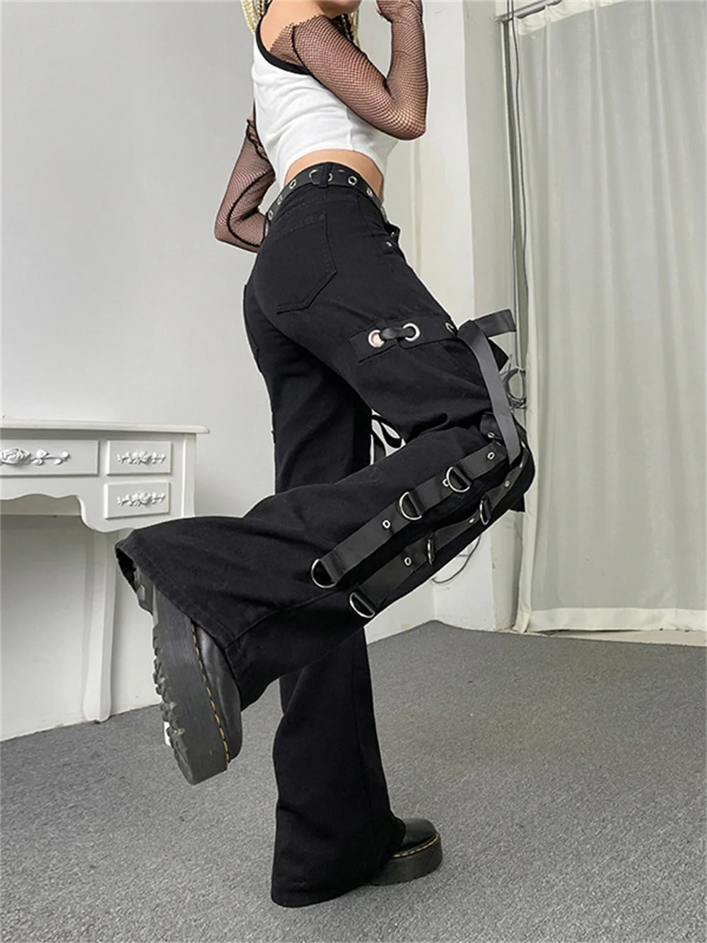 Goth Baggy Jeans Women High Waist Aesthetic Hippie Alt Jeans Dark Academic Solid Bandage Pants Gothic Punk Tie Up Denim Trousers