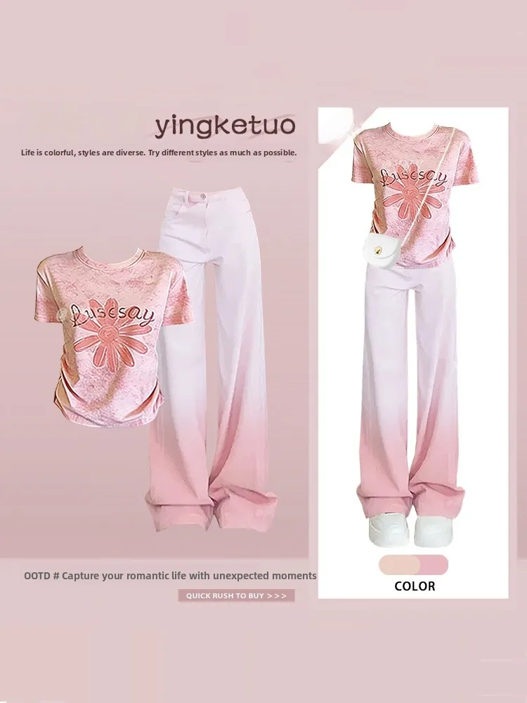 

Pink Floral Letter Print Top Women's Gradient Denim Wide Leg Pants Summer Fashion Slimming Two Piece Set Casual Wear