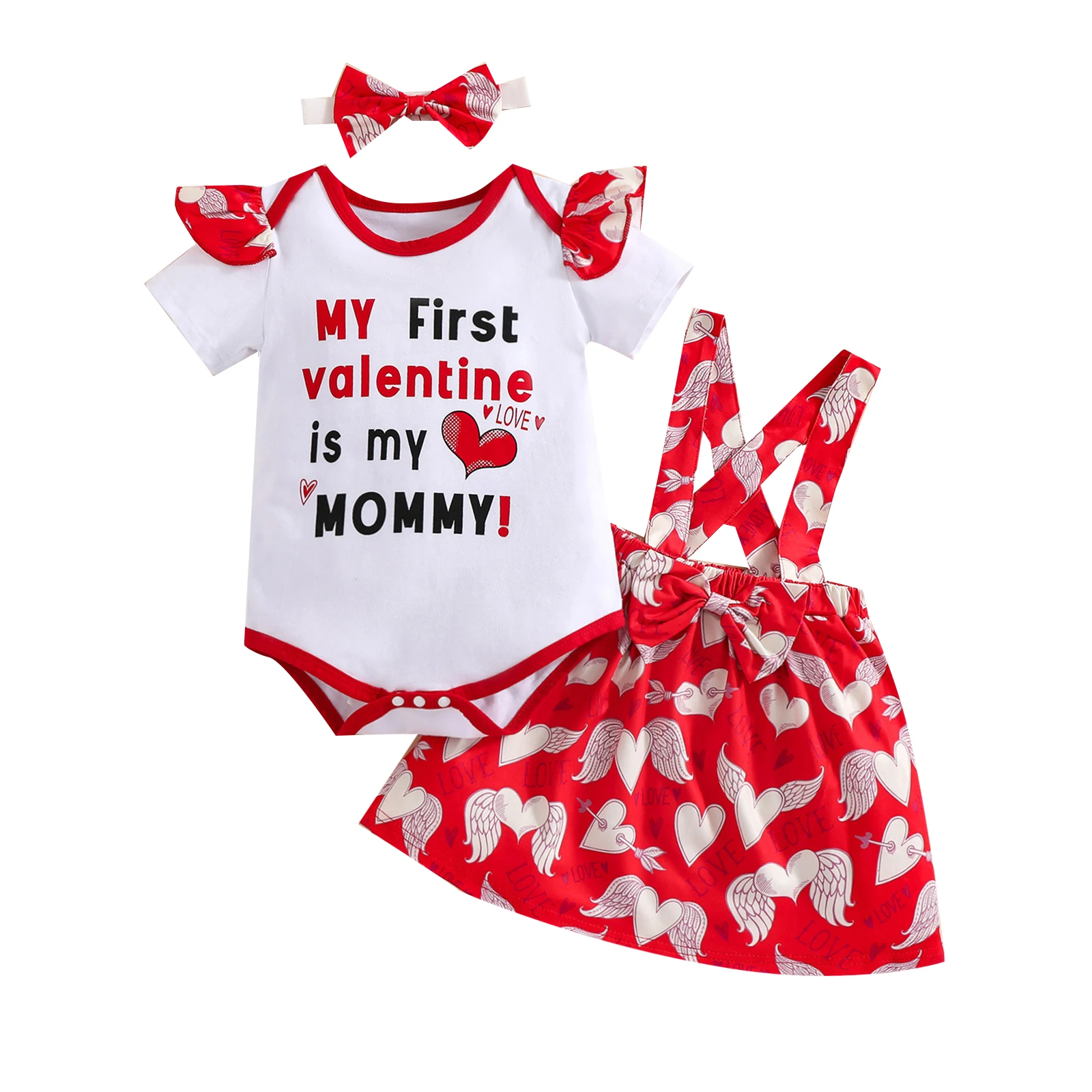 

Lioraitiin 0-24M Newborn Infant Baby Girl Valentine's Day Romper Suspender Skirt Bow Headband Sweet Style Clothing