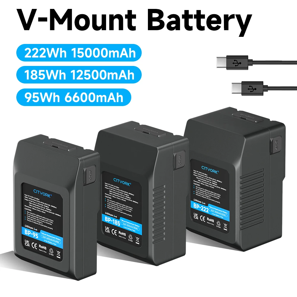 

V Mount V-Lock BP-222 BP-185 BP-95 Battery BP Battery With PD20W Cable for Sony Camcorder Broadcast Video Light Blackmagic URSA