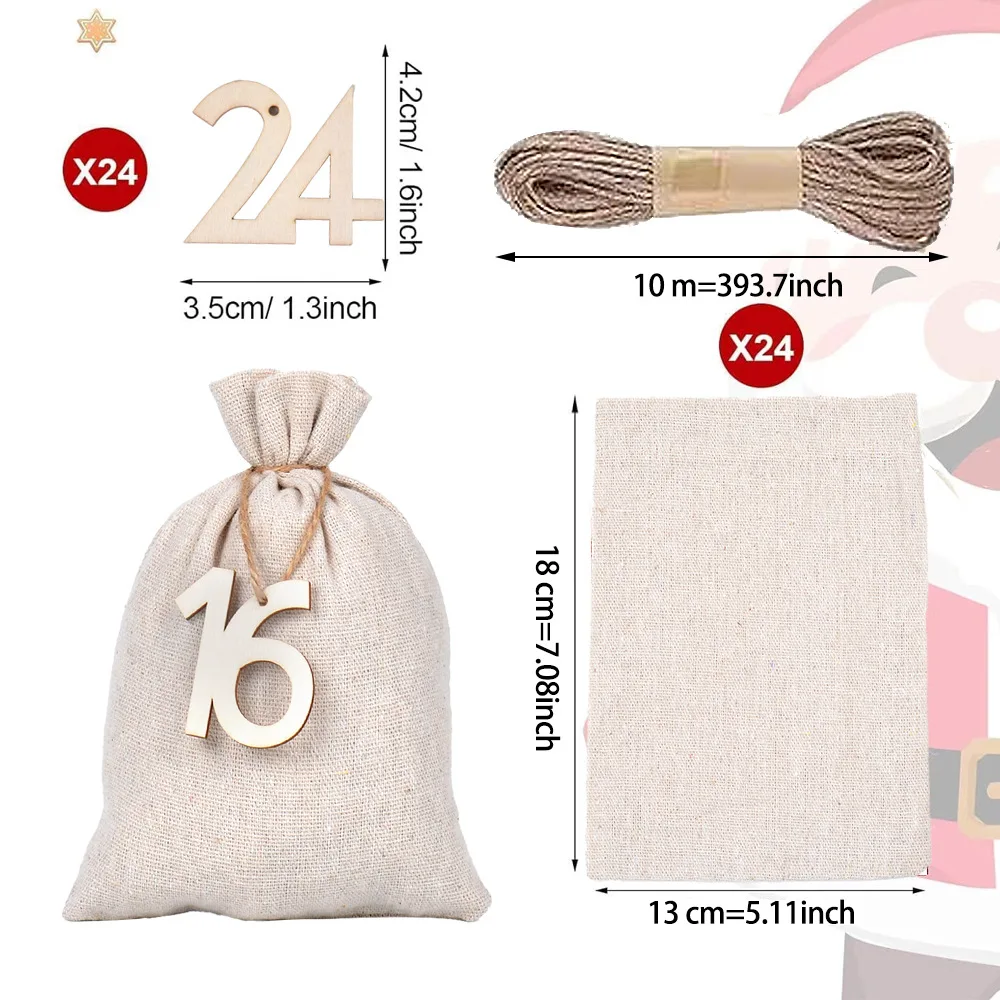 72pcs/lot 10*15cm, 13*18cm Christmas Arrival Calendar Number Pouches Golden Linen Drawstring Bags Christmas Gift Packaging Bags