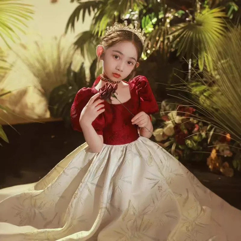 

Red Children's Evening for Girls, Light Luxury Princess , Flower Wedding Dress, Little Girl Host Piano Performan