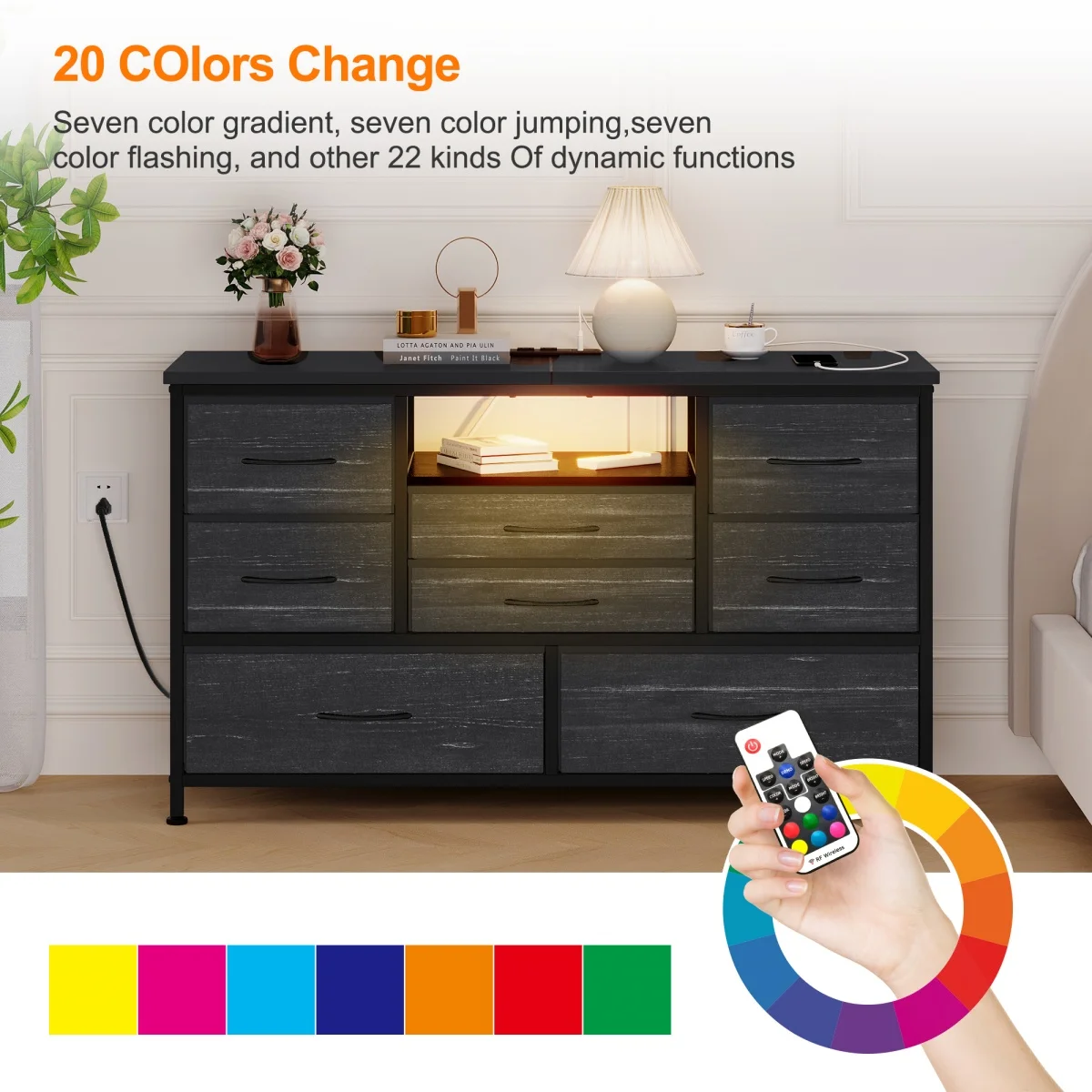 

TV Stand with Power Outlet & LED for 55'' TV Long Dresser for Bedroom with 8 Drawers Wide Console Table