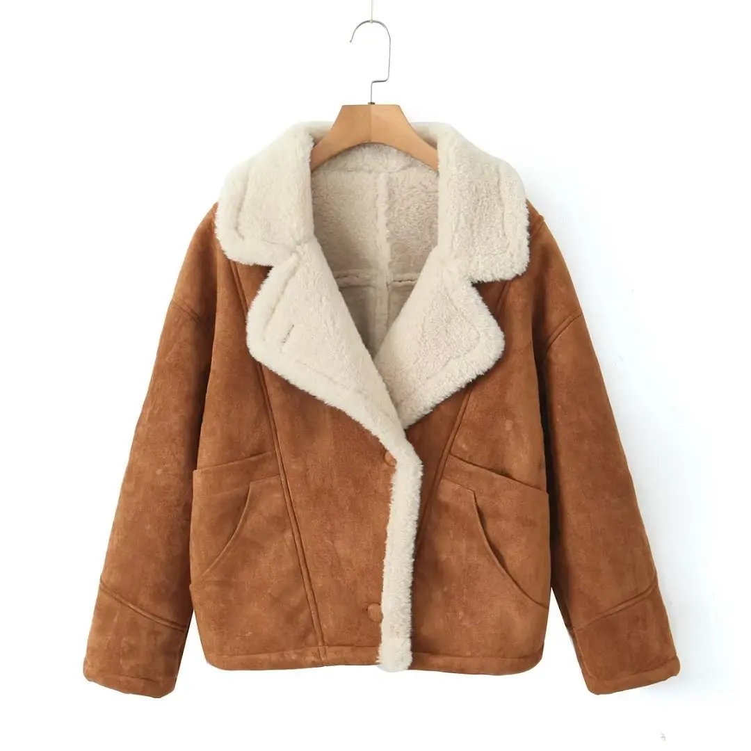 

2025 Autumn Winter Thicken Suede Fur Jacket Spliced Faux Leather Soft Fur Short Jacket Streetwear Women Loose Outerwear Coat