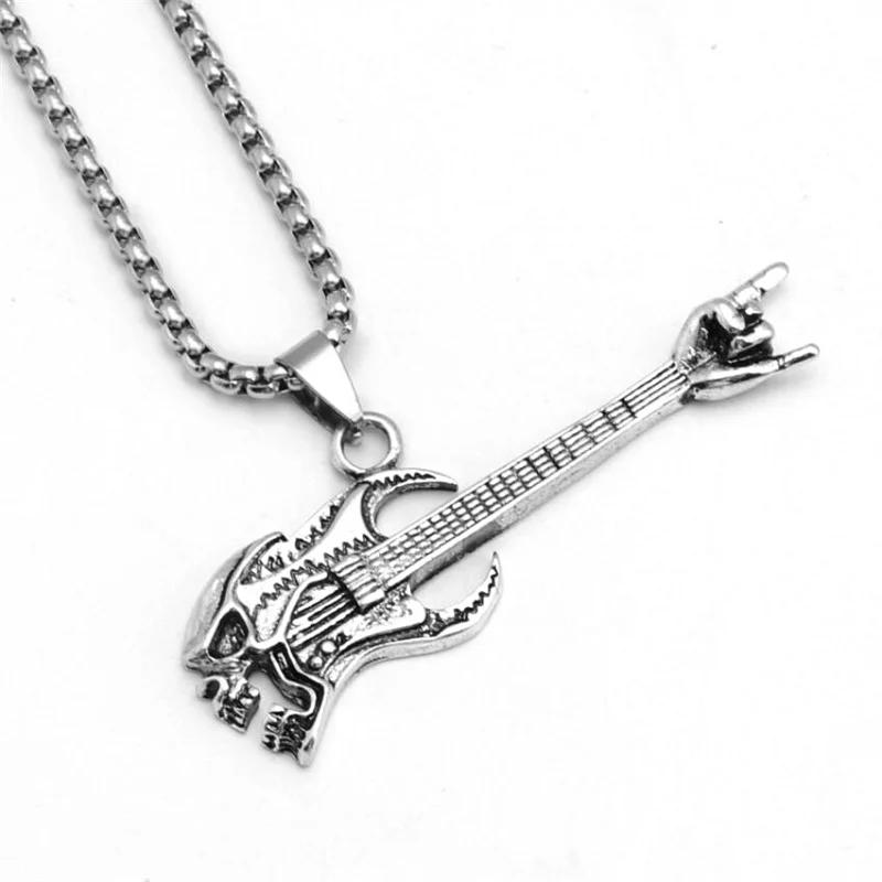 Exquisite Fashion Creative Skeleton Bass Guitar Gesture Pendant Necklace Men's Punk Hip Hop Retro Music Necklace Jewelry 2022