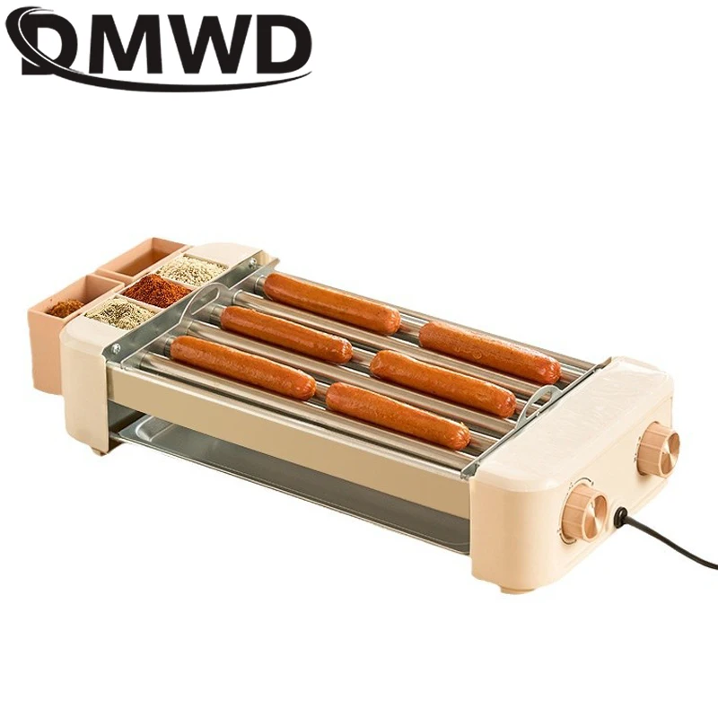 DMWD Household Electric Hot Dog Grill Mini 5 Rods Stainless Steel Roller Sausage Maker Corn Baking Barbecue Hotdog Machine