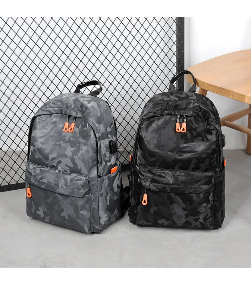 

Black camouflage backpack with orange zipper pulls and side USB anti splash wear resistant for teen daily school outdoor trips