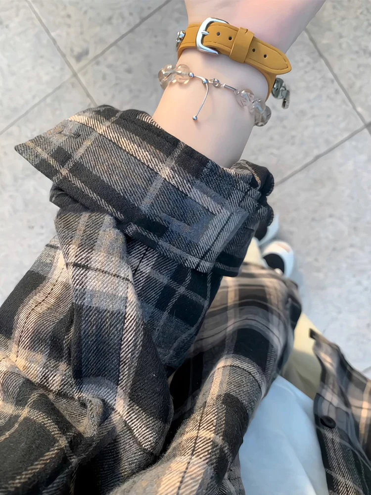 

Ce Brown Plaid Long Sve Men's irt Early Autumn American Retro Patterned Top Trendy Lazy Sle Couple Outerwear