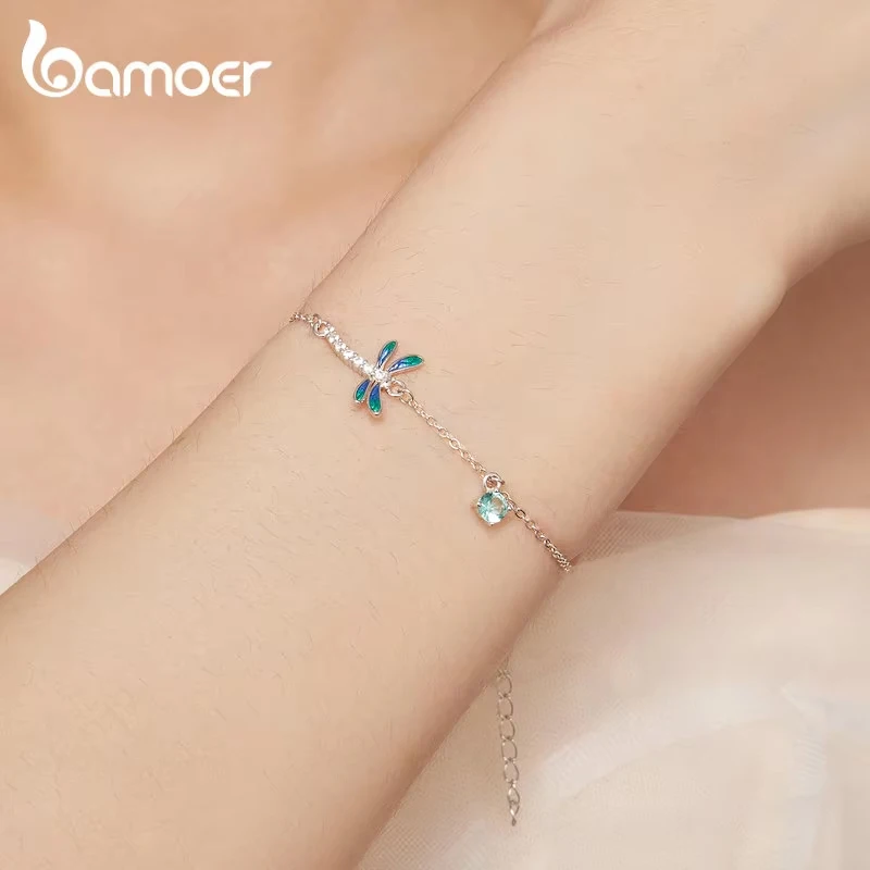 Bamoer 925 Sterling Silver Green and Blue Enamel Dragonfly Bracelet Insect Chain Link for Women Pave Setting CZ Fine Jewelry