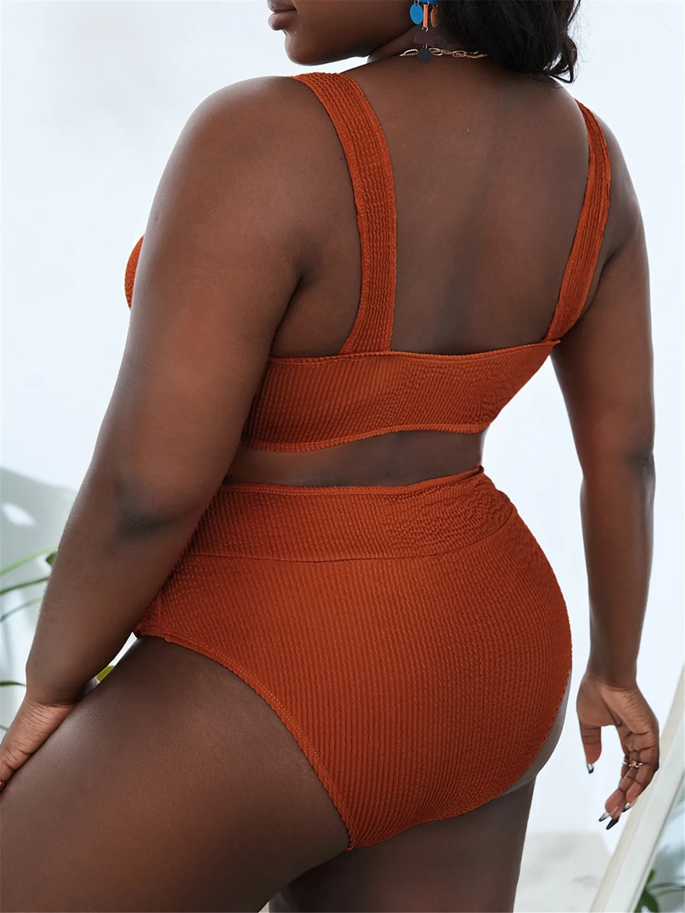 Plus Size U Shape Ribbed High Waist Bikini Swimwear Women's Swimsuit Beachwear Bathing Suits