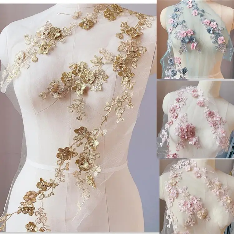 Beaded Lace Flowers Veil Evening Dress Decoration, 3D Plum Blossom Applique, 5 Color, RS4104, 2Pcs, 1Pair