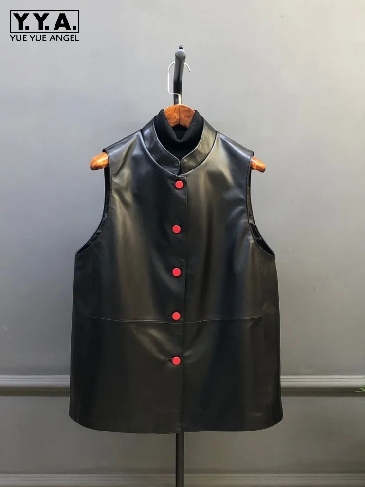 Vintage Women Single Breasted Stand Collar Real Sheepskin Ves Top Genuine Leather Sleeveless Jacket Casual Streetwear Waistcoat