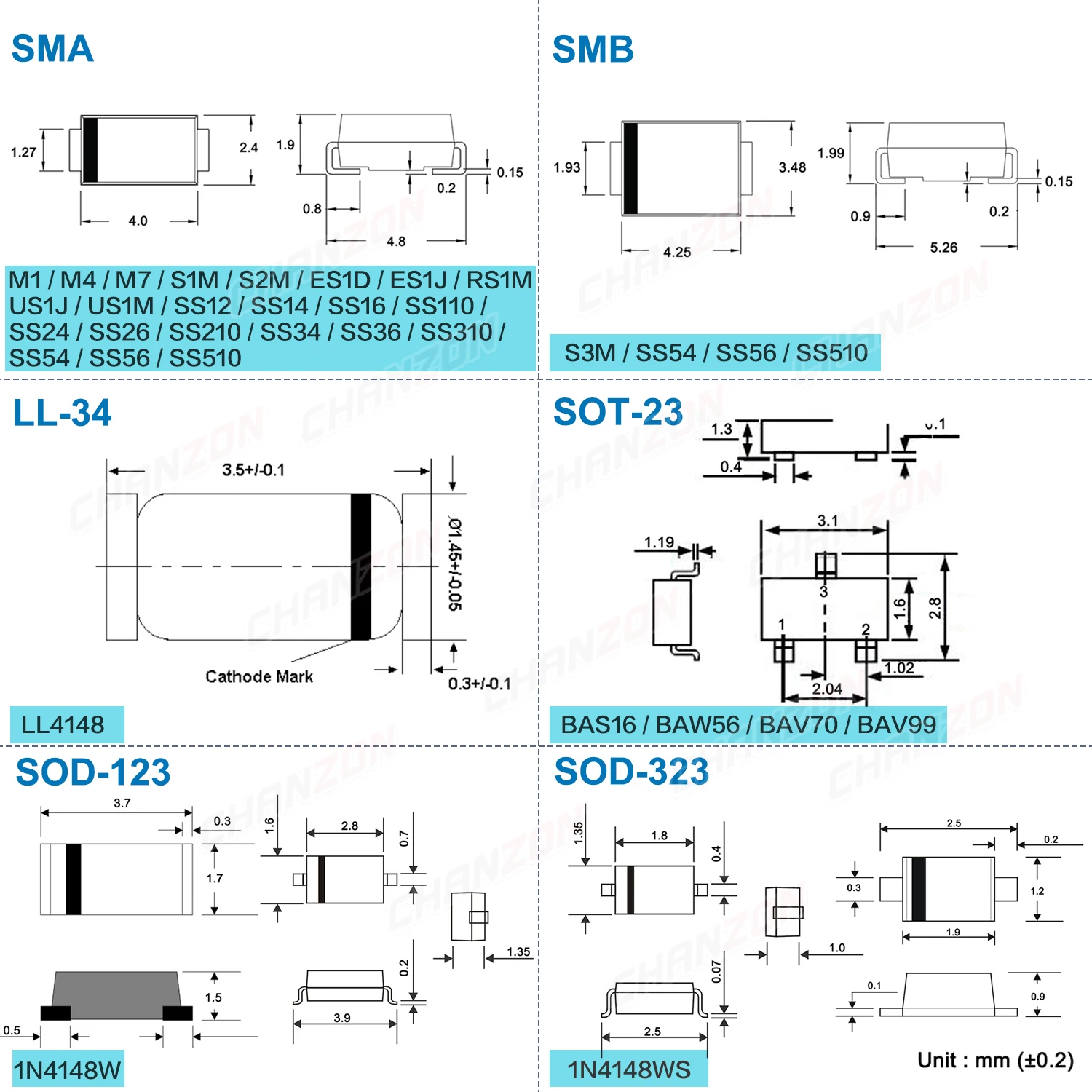 SMD Fast Recovery Schottky Barrier Switching Rectifier Diode M1 M4 M7 S1M S2M S3M RS1M US1M SS14 SS16 SS24 SS26 SS34 SS36 LL4148