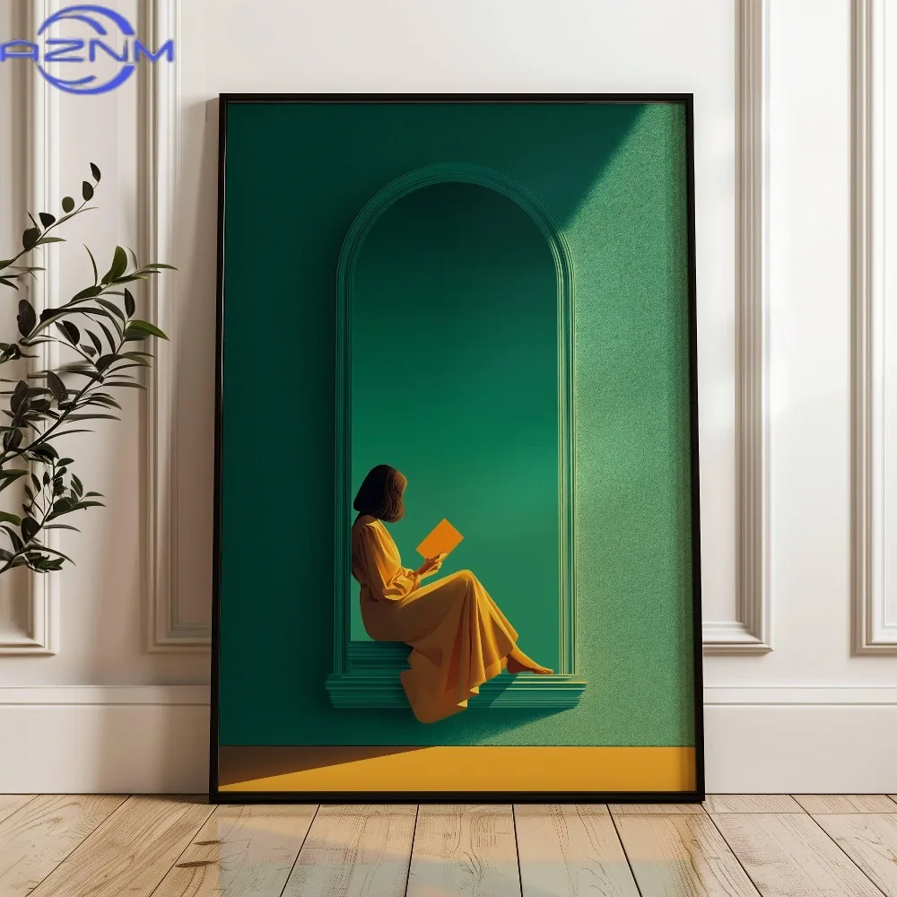 reading woman art print | book poster | feminine cozy wall art | bold orange art print | abstract contemporary portrait art |