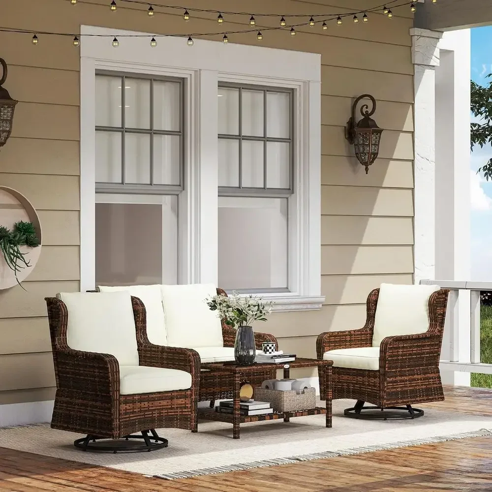 Cream White 4-Piece Outdoor Wicker Patio Furniture Set with Swivel Chairs and 2-Tier Glass Table