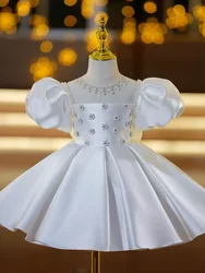 2024 Dresses for Elegant Party Girls Kids Beading Satin White Dress for Christening Infant Flower Girl Ball Gown for Weddings