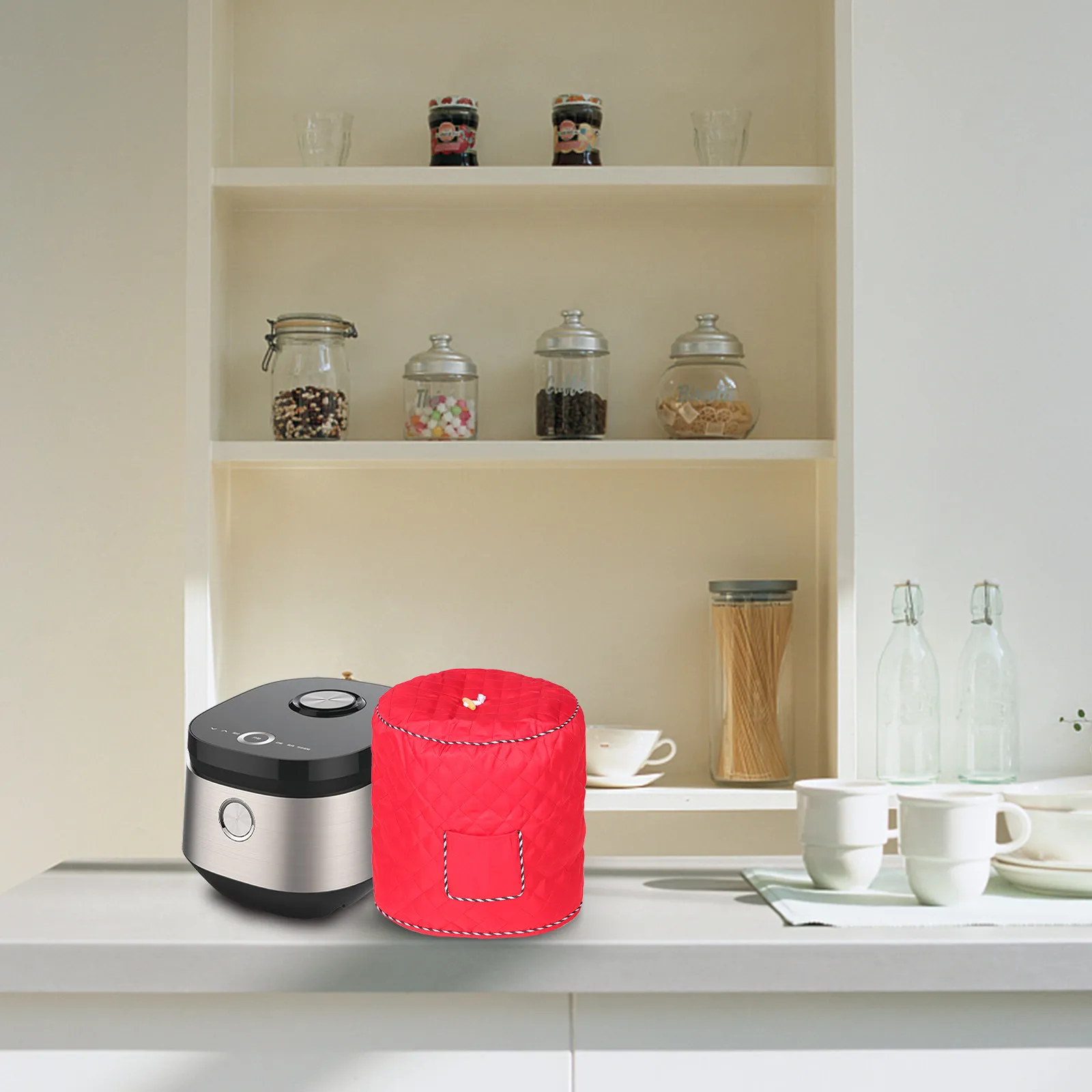 Electric Pressure Cooker Cover Red Dust Protective Kitchen Accessory with Pocket Fits 8Qt Small Appliance Storage
