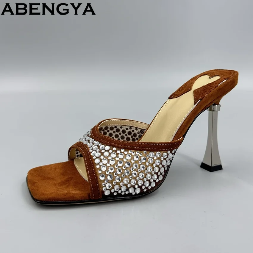 Summer Crystal Studded High Heels Slippers Women Slides Square Toe Mesh Party Shoes Woman Ankle Strap Modern Sandals Slippers