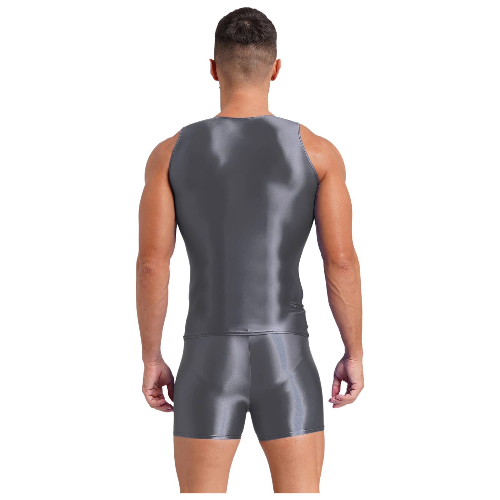 Summer Sport Bodybuilding Costumes Men Glossy Sleeveless Crop Top with Stretchy Shorts Set for Running Fitness Swimming Suit