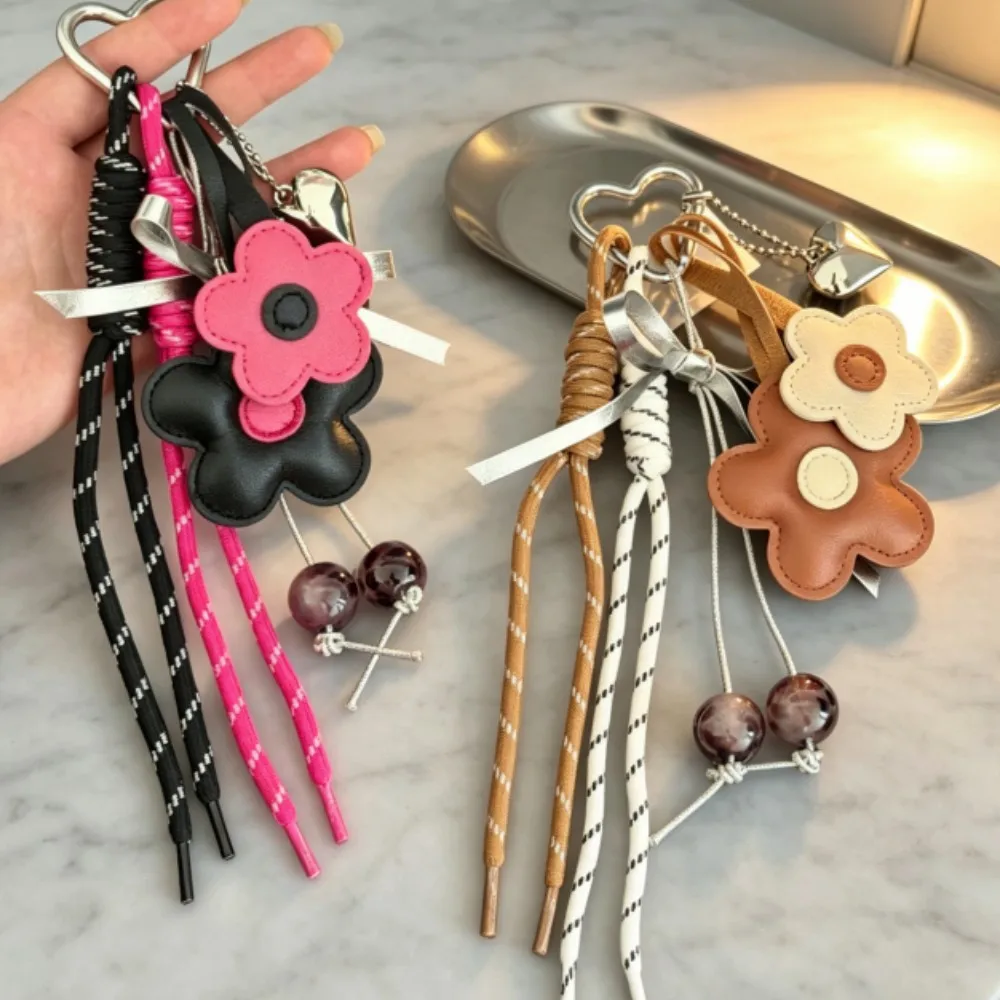 Cute Leather Flower Tassel Bag Charm Boho Handbag Pendant Keychain for Women