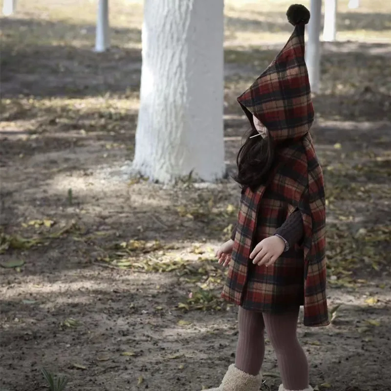 Combinaison à capuche en laine à carreaux pour enfants, manches chauve-souris coréennes, vêtements chauds pour enfants, vêtements d'hiver pour filles, mode, nouveauté, 2 à 7 ans