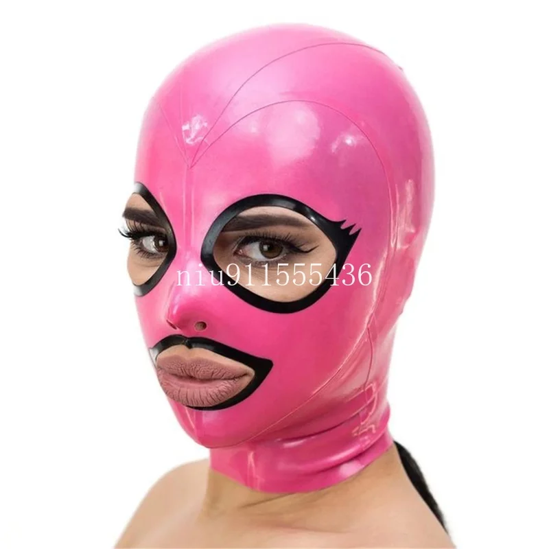 Pink with Black Latex Hood with Open Big Eyes Back Zip Latex Mask Rubber Hood for Party Wear Cosplay Costumes